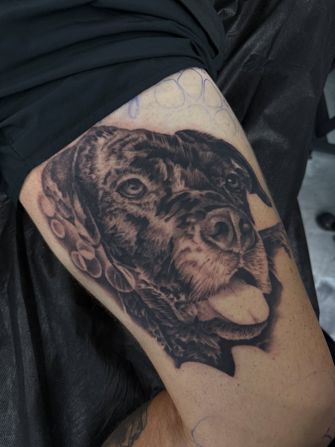 Close-up of detailed dog portrait tattoo showing realism style work by Broadway Dept.