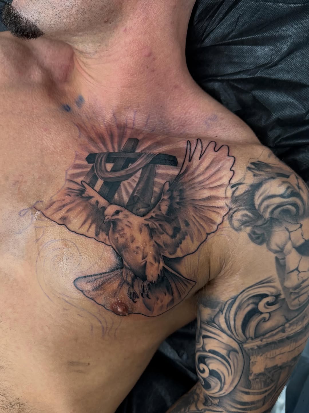 Custom chest tattoo in progress at Broadway Dept. Midtown Sacramento