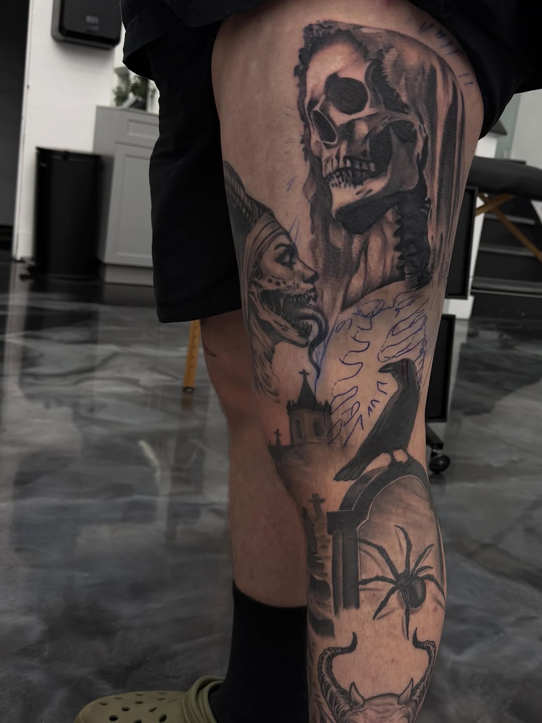 Skull tattoo design in progress at Broadway Dept tattoo shop in Midtown Sacramento