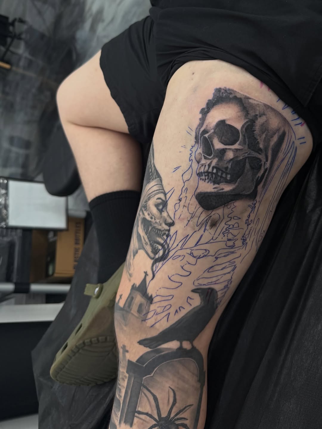 Completed skull tattoo artwork showcased at Broadway Dept in Midtown Sacramento