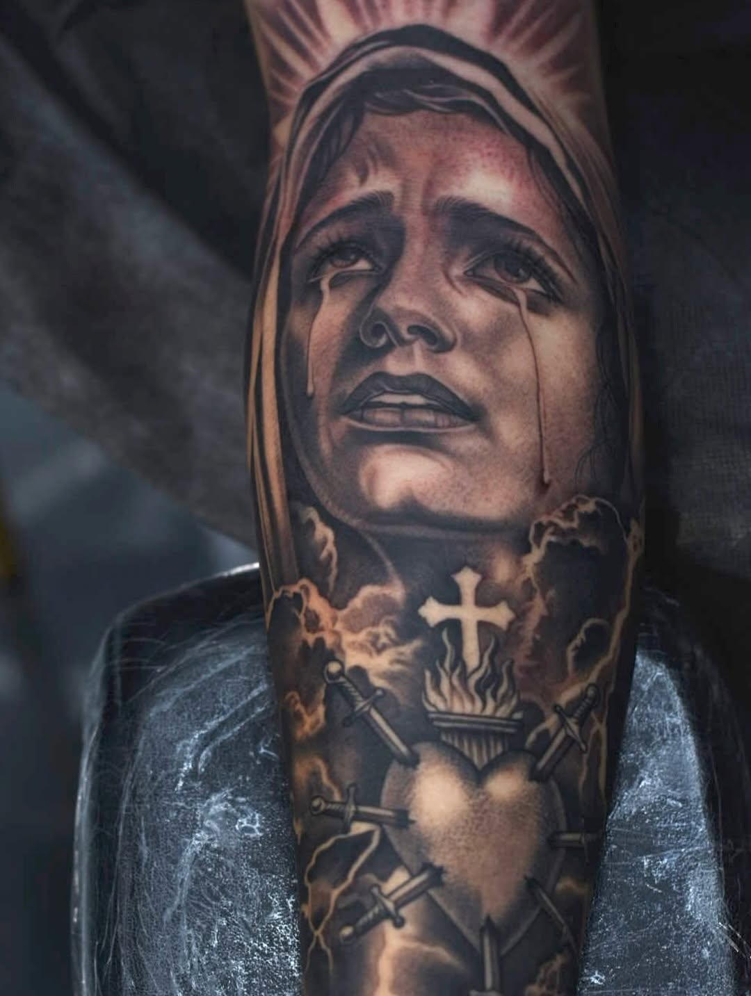 Religious sleeve tattoo design in progress at Broadway Dept. Sacramento