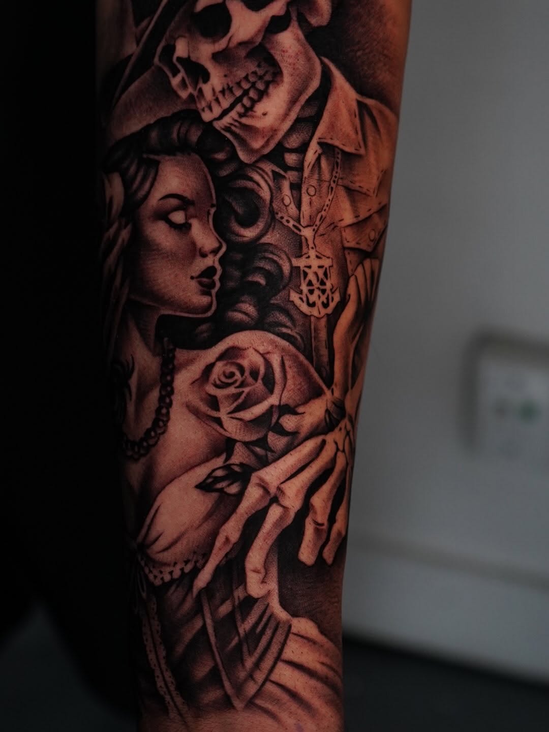 Final rose tattoo design showcasing black ink work at Broadway Dept. Sacramento