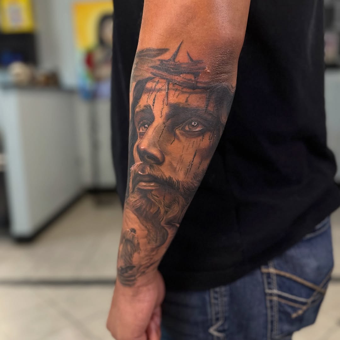 Jesus Portrait Tattoos by Eduardo Gomez at Broadway Dept. Midtown Sacramento