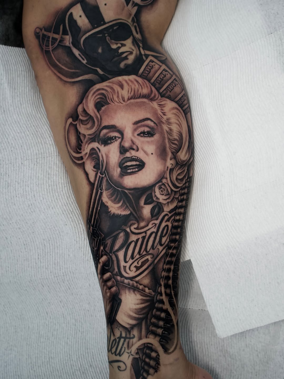 Completed Marilyn Raiderette tattoo showcasing classic Hollywood style by Bella Gomez at Broadway Dept.