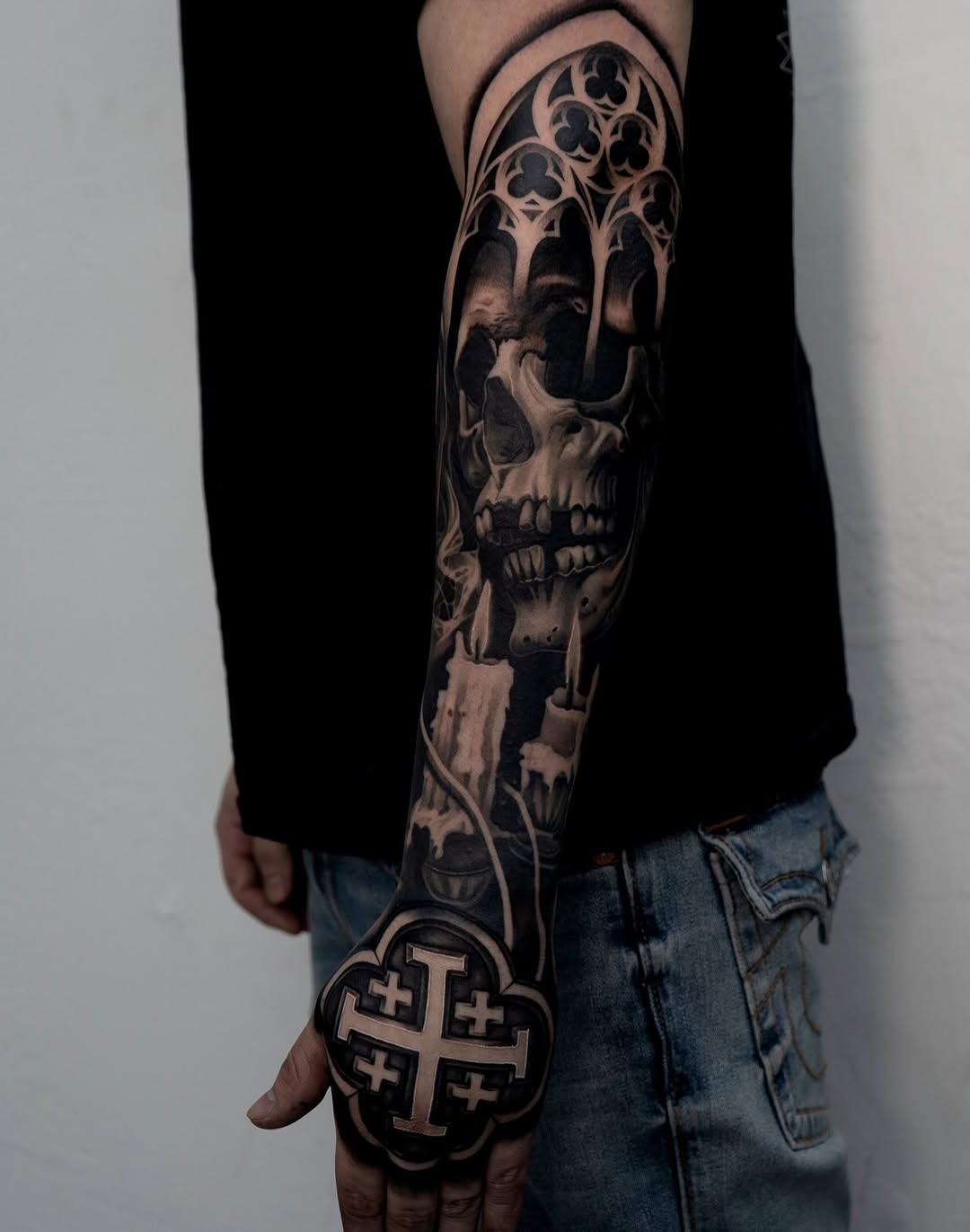 Close-up of detailed tattoo by Bella Gomez at Broadway Dept Sacramento