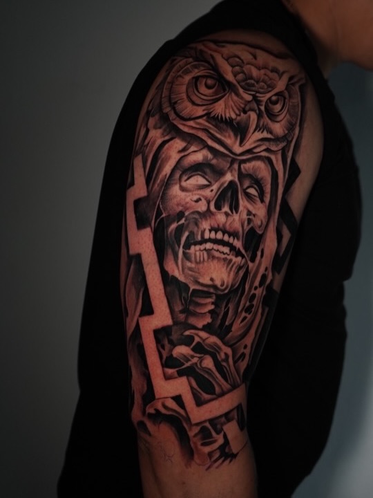 Close-up of upper arm tattoo artwork by Jesus Bernal at Broadway Dept. Midtown Sacramento