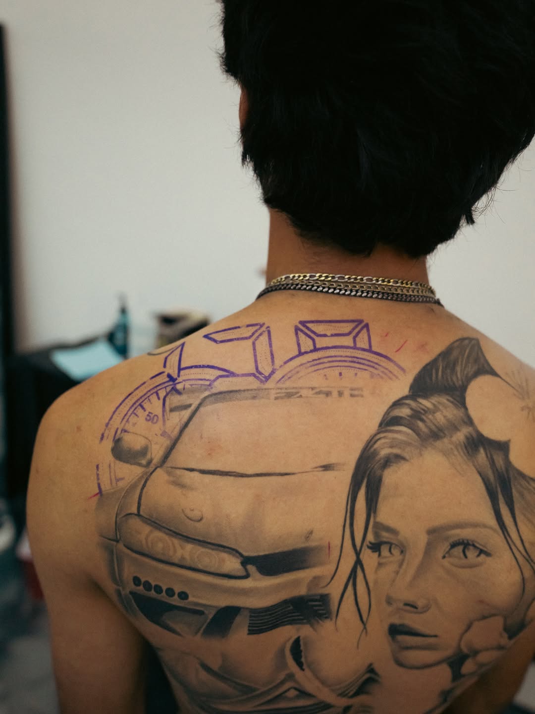 Collaborative tattoo work in progress by Jesus Bernal at Broadway Dept. Midtown