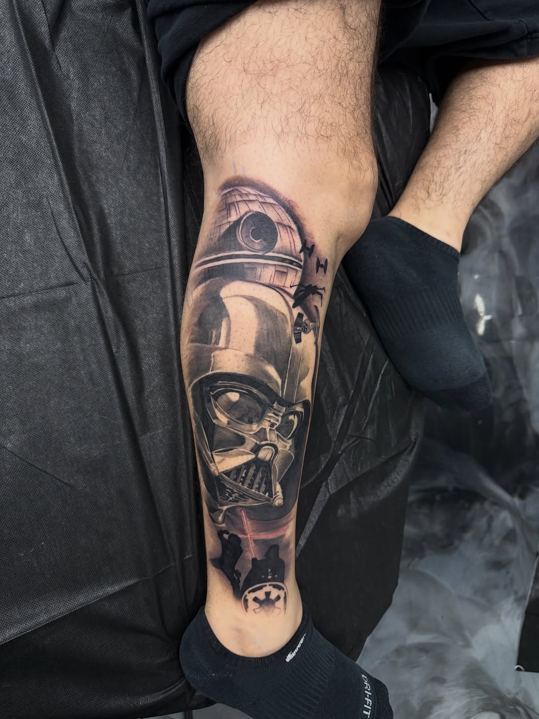 Completed Star Wars Darth Vader tattoo showing fresh and healed sections at Broadway Dept Midtown Sacramento