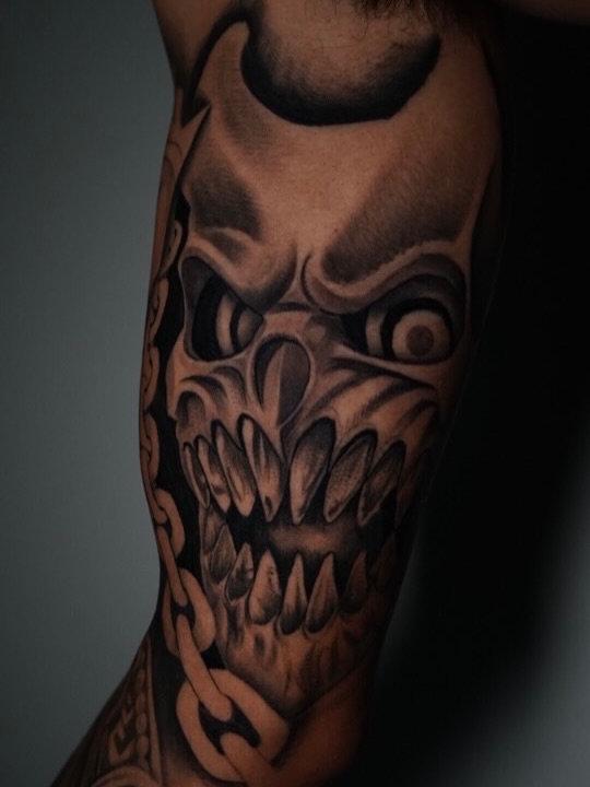 Jesus Bernal Healed Mask Tattoo on Client at Broadway Dept. Midtown Sacramento