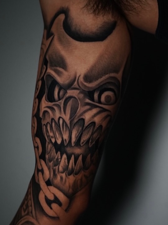 Finished healed mask tattoo by Jesus Bernal on client at Broadway Dept. Midtown Sacramento