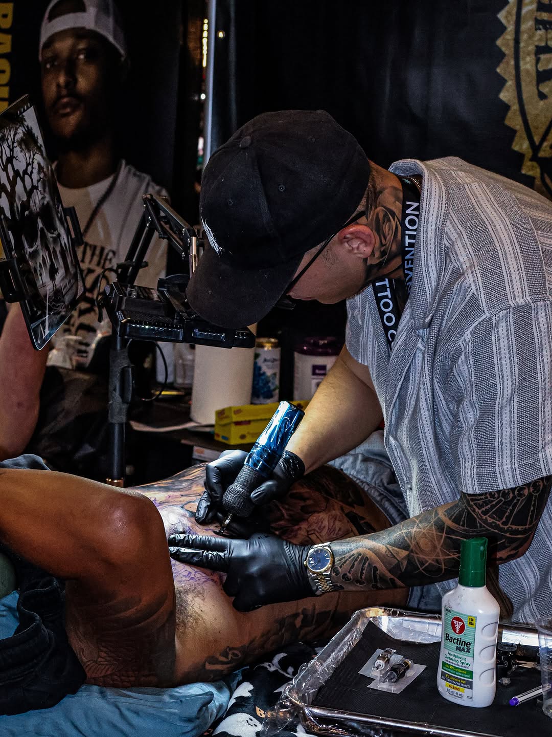 Tattoo artwork on display at Forty Mile Tattoo Convention Sacramento.