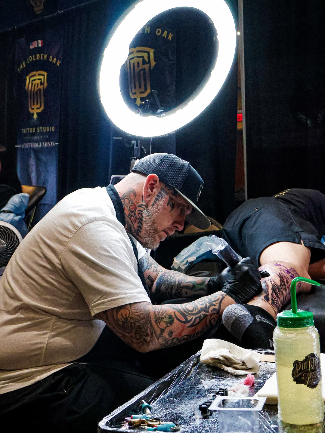 Custom tattoo design on display at Forty Mile Tattoo Convention.