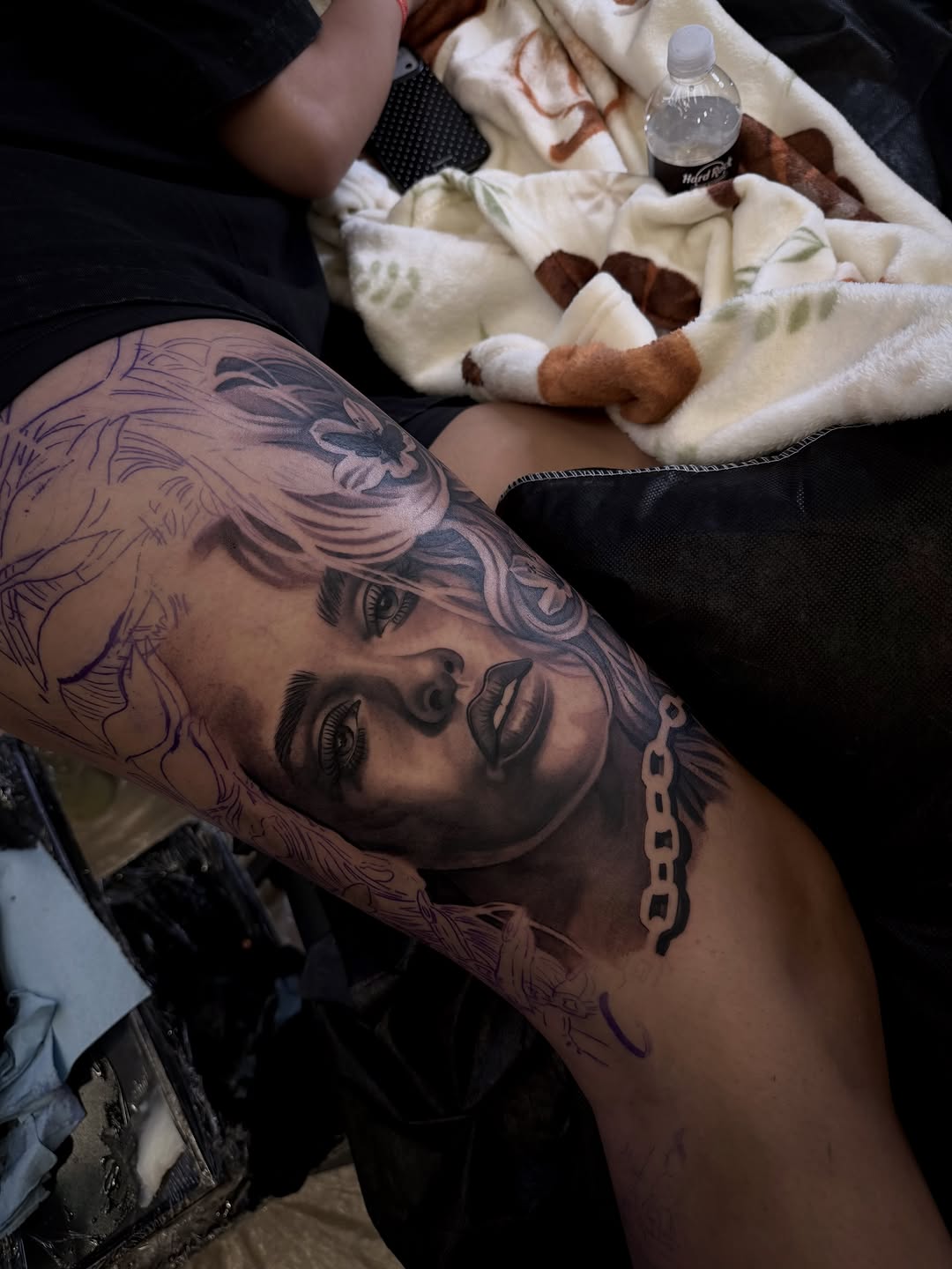 Leg sleeve tattoo session by Bella Gomez at Broadway Dept. on 21st Street Sacramento