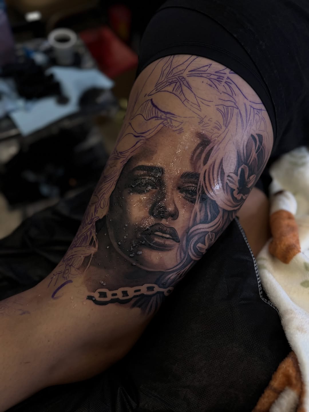 Custom leg sleeve tattoo artwork by Bella Gomez at Broadway Dept. Midtown Sacramento