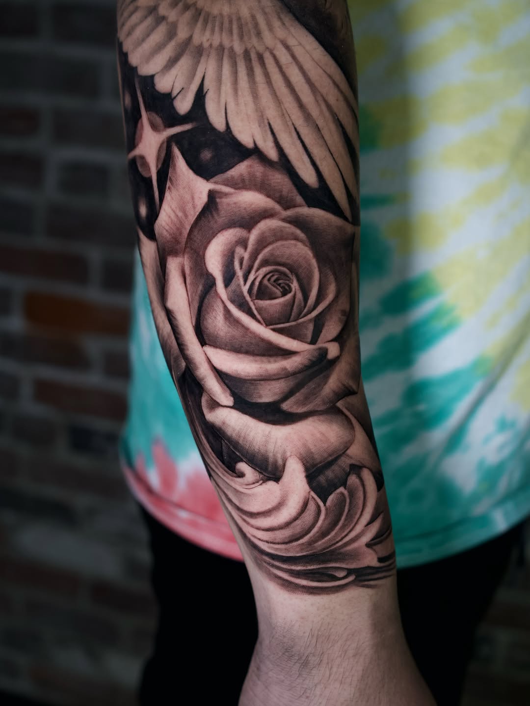 Second session showing sleeve tattoo progression and additional detail work by Broadway Dept