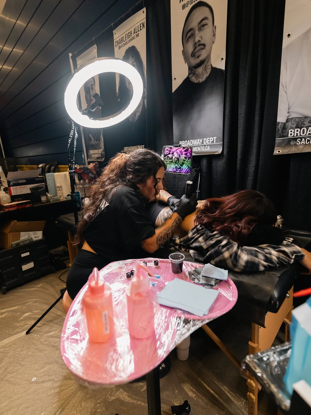 Close up of custom tattoo work displayed at Forty Mile Tattoo Convention