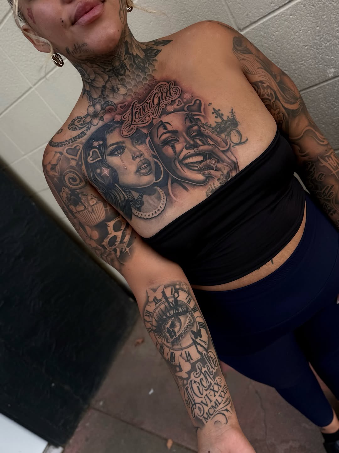 Inner arm tattoo connected to chest piece by Bella Gomez at Broadway Dept. Midtown Sacramento