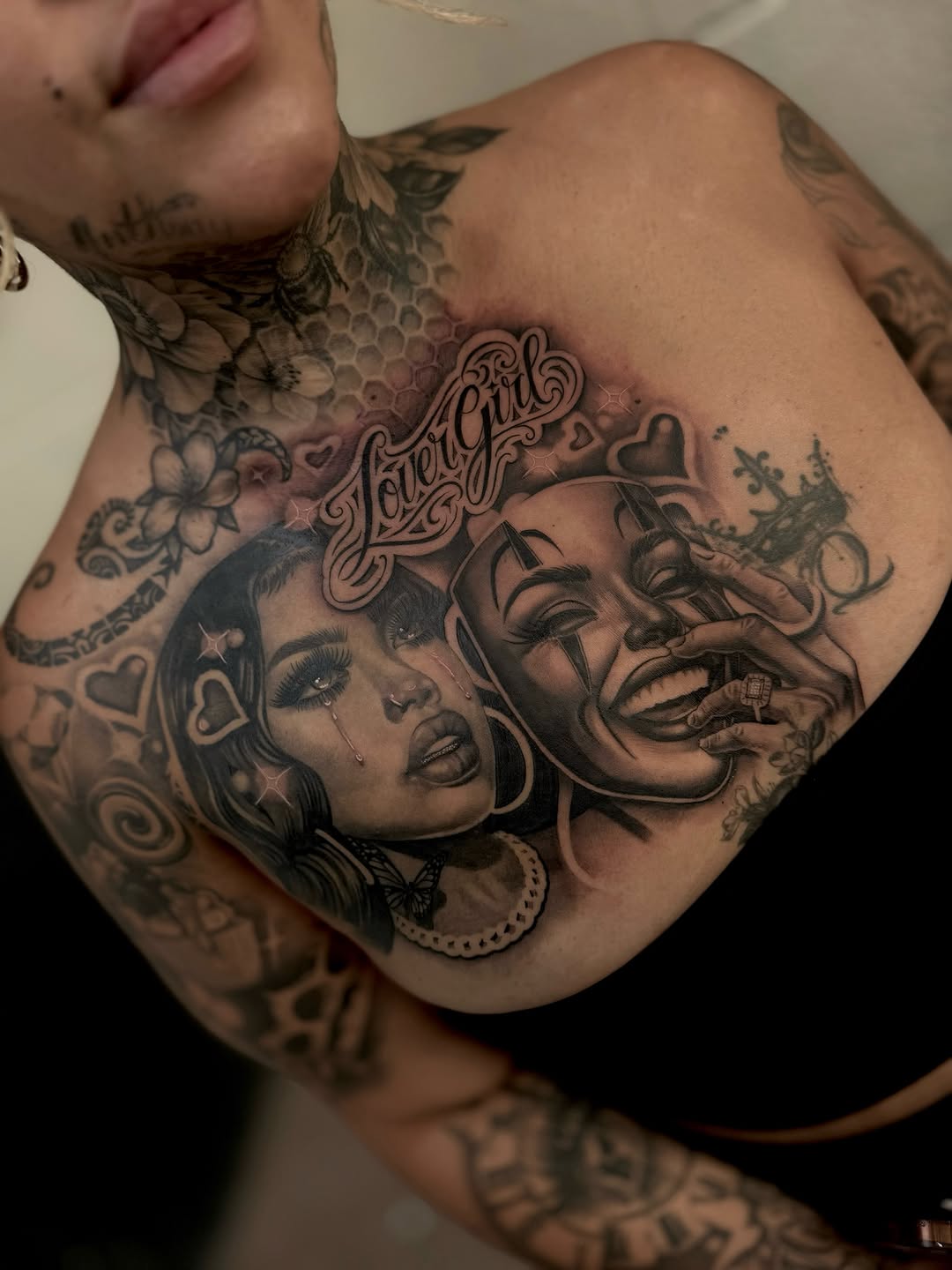 Smile Now Cry Later Chest Tattoo by Bella Gomez at Broadway Dept. Sacramento