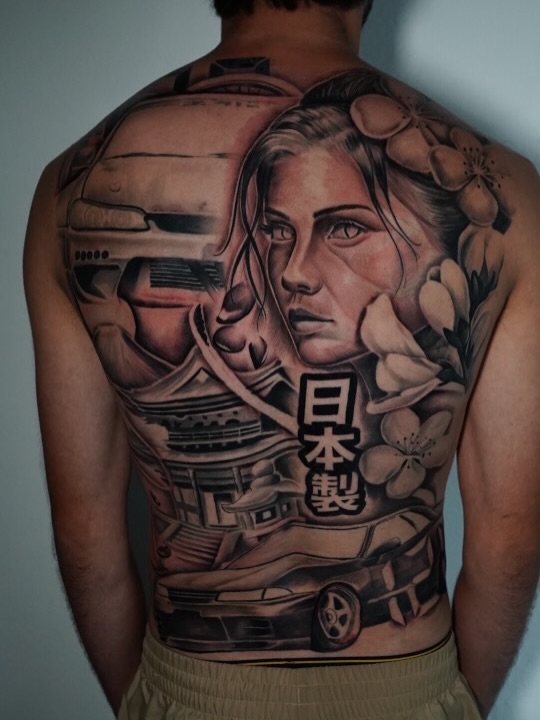 JDM back piece tattoo artwork by Jesus Bernal at Broadway Dept. Sacramento