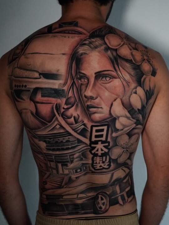 Detailed JDM back piece design by Jesus Bernal at Broadway Dept. Sacramento