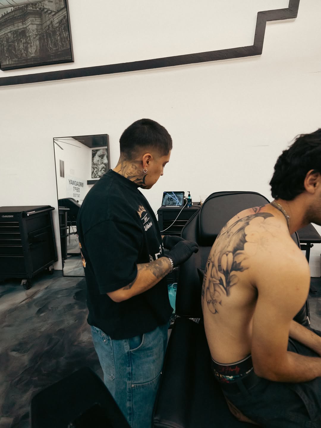 Completed JDM back piece tattoo by Jesus Bernal at Broadway Dept. Sacramento